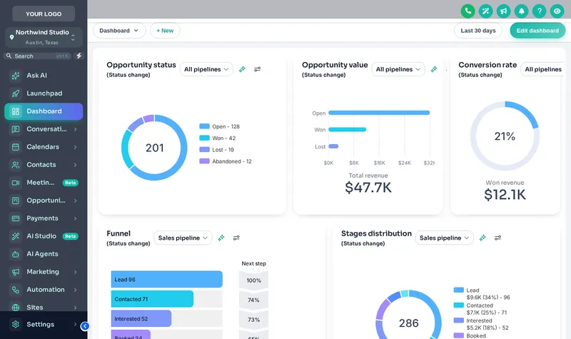 GoHighLevel dashboard in the Aurora theme with a dark teal glass sidebar